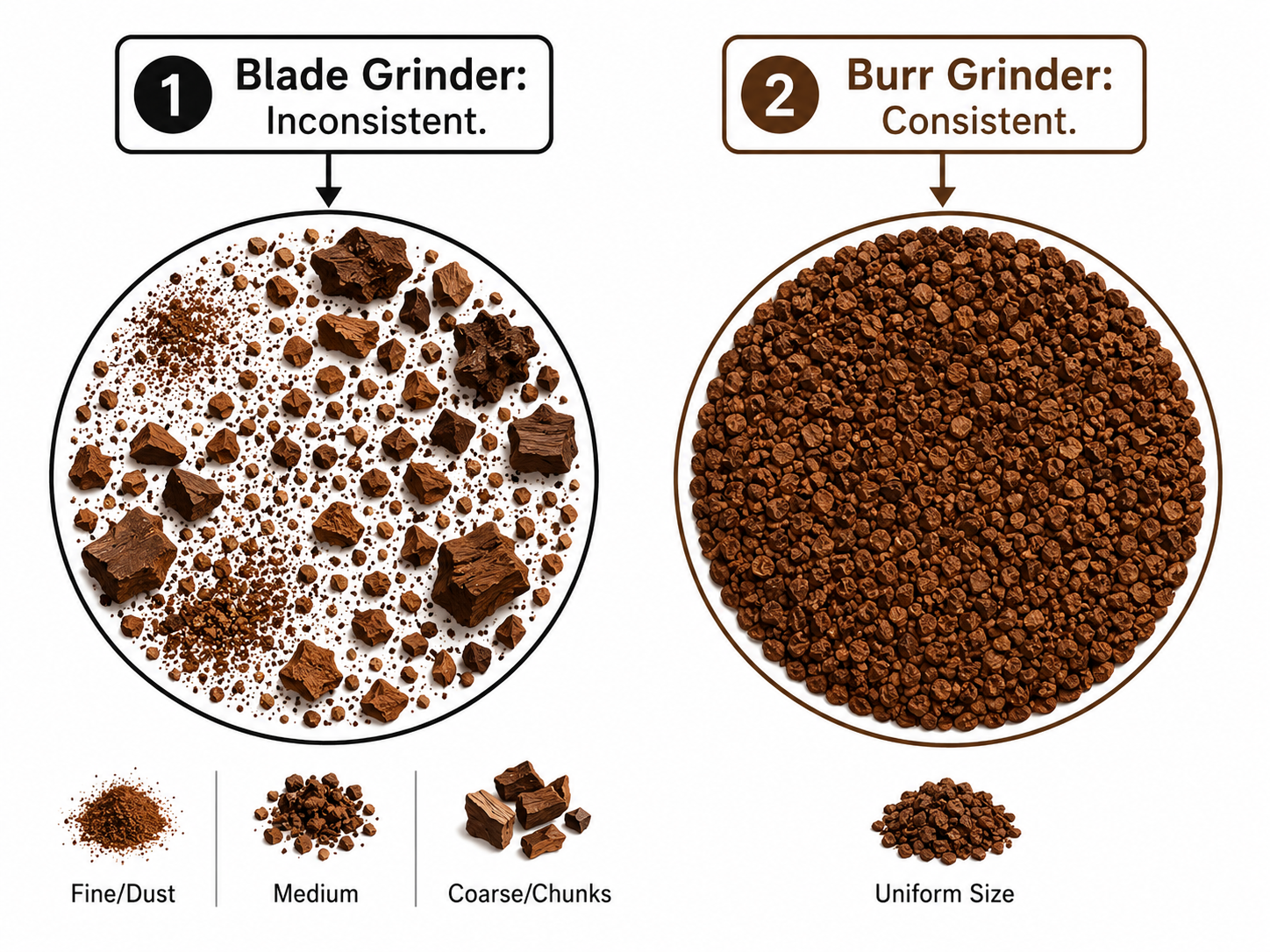 Diagram comparing inconsistent blade grinder grounds versus uniform burr grinder grounds