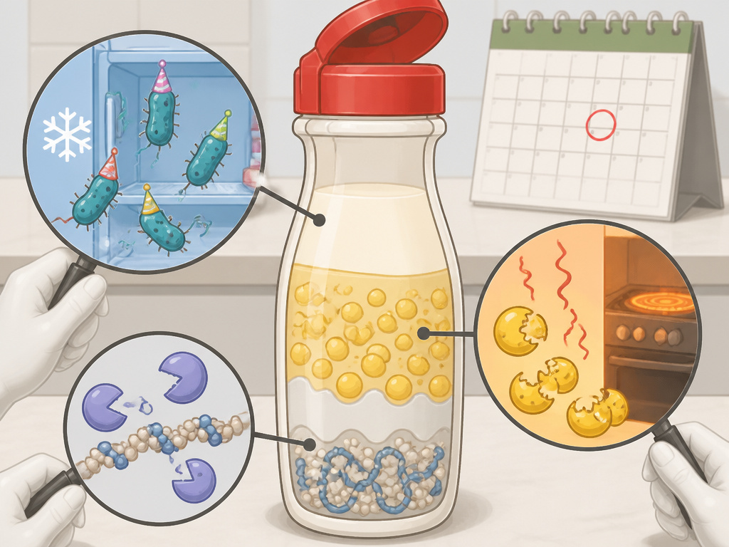 Science diagram showing how bacteria, oxidation, and enzymes spoil coffee creamer.