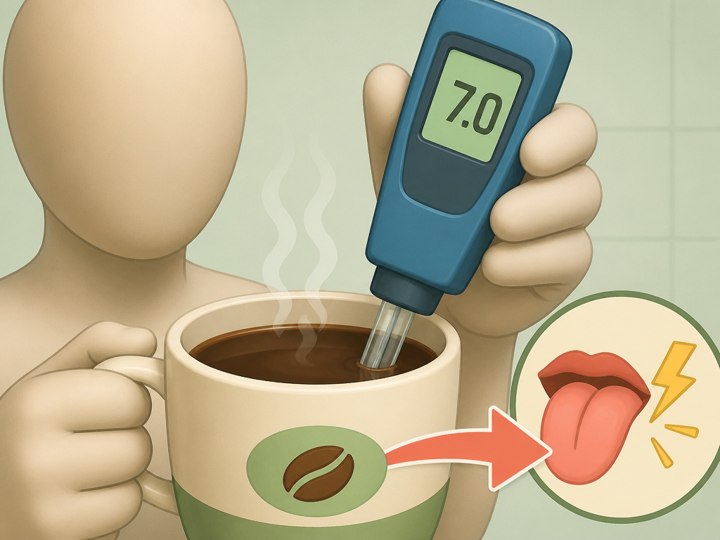Cartoon comparing pH meter reading to perceived acidity in decaf coffee.