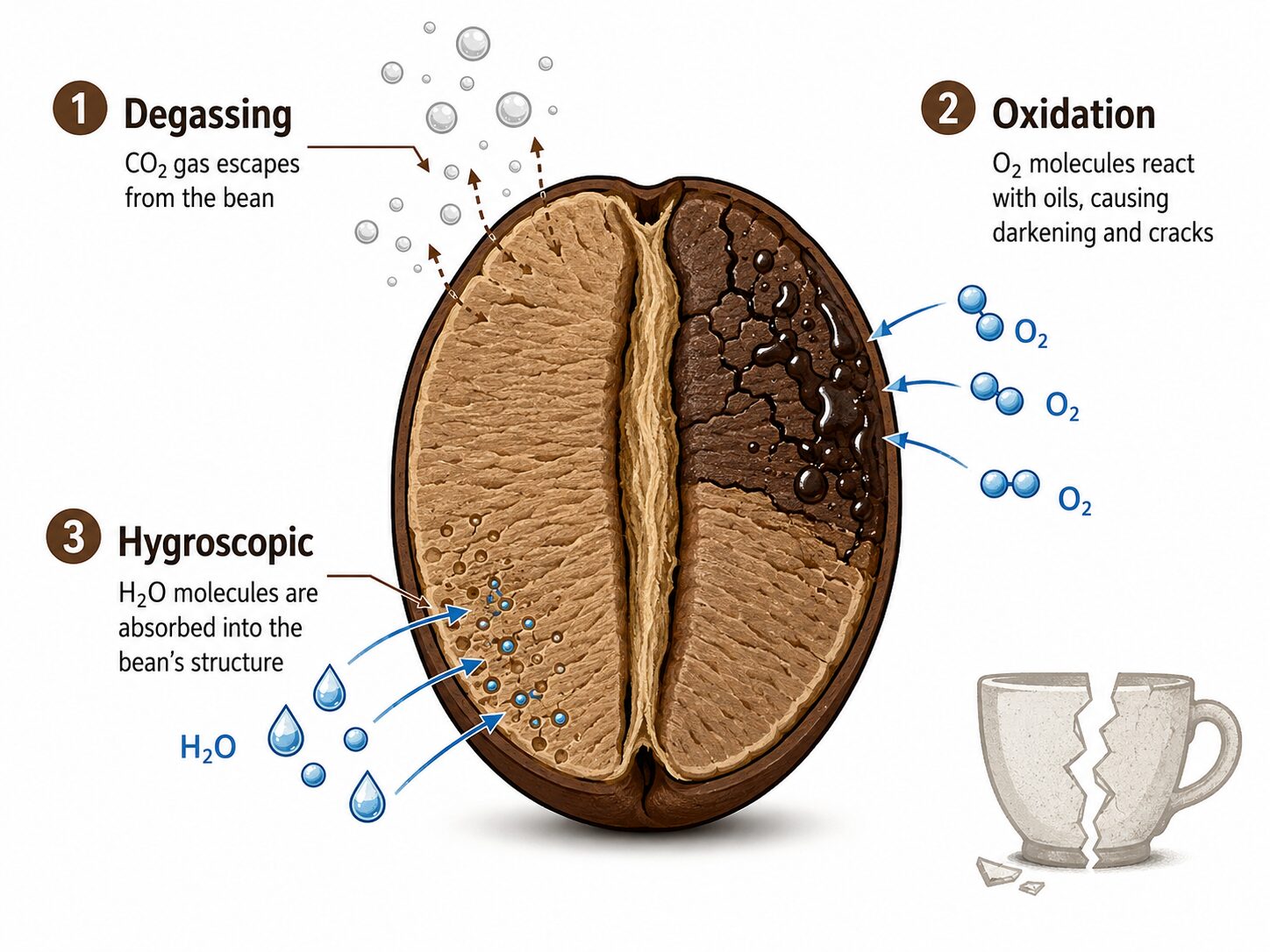 Diagram showing the science of coffee staling: degassing, oxidation, and moisture absorption.