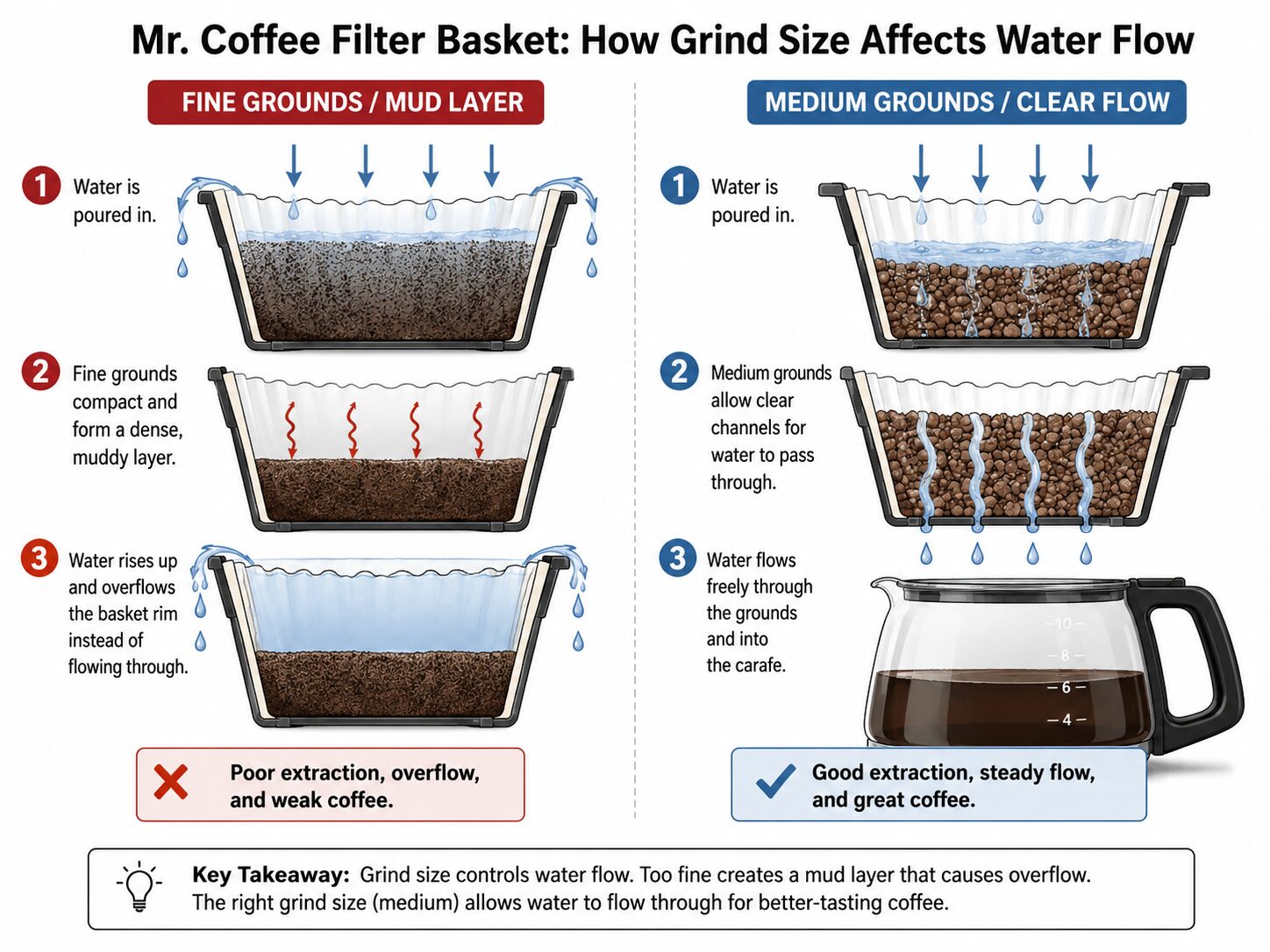 Diagram comparing fine versus medium coffee grind flow in a Mr. Coffee basket.