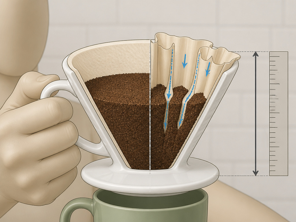 Diagram comparing correct and incorrect cone coffee filter fit in a pour-over brewer.