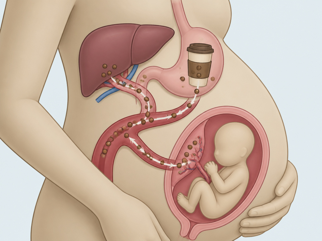 Diagram of slow caffeine metabolism in pregnancy due to CYP1A2 gene variant.