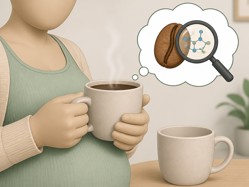 Pregnant woman holding decaf coffee mug with moderation infographic.