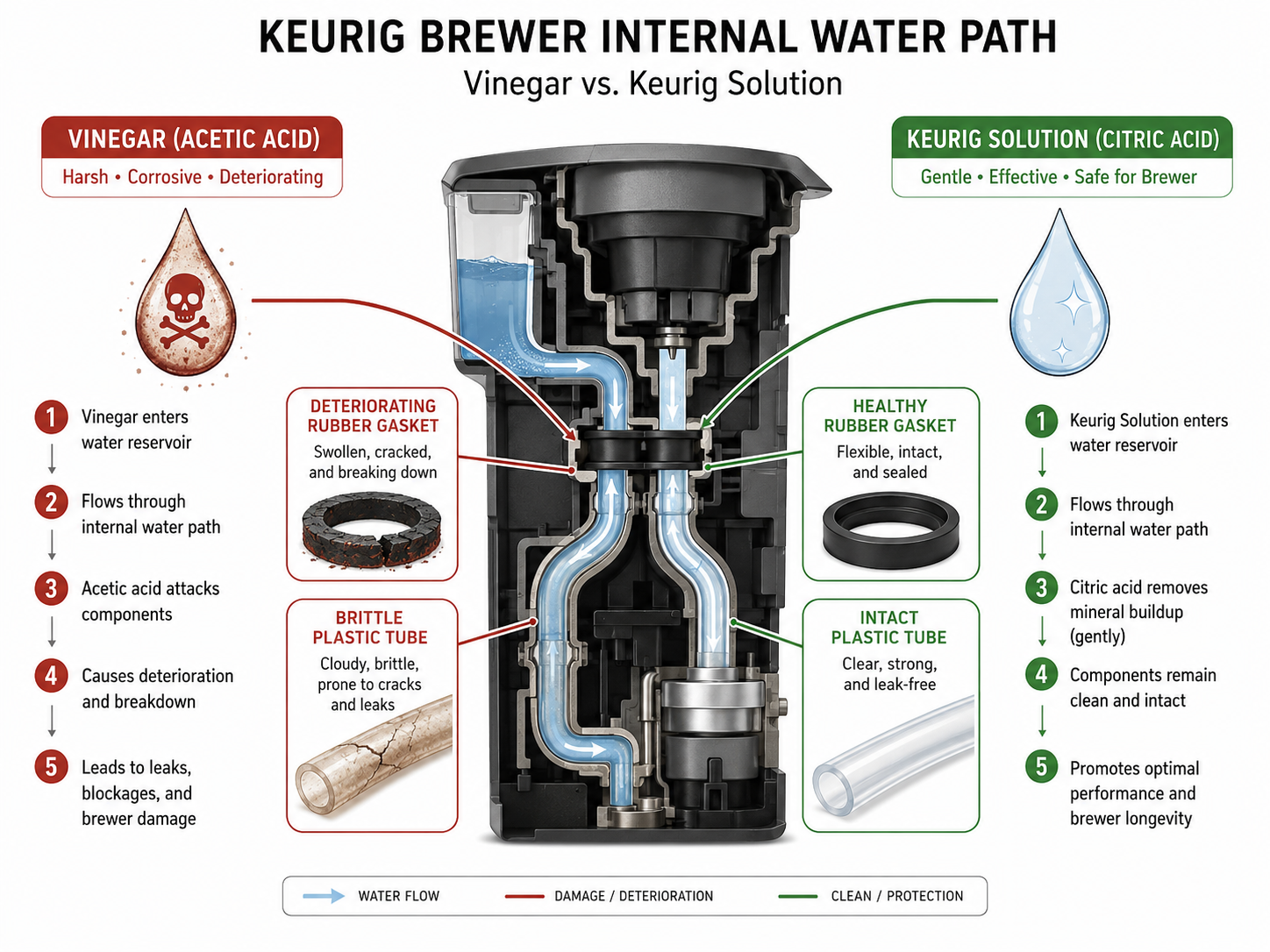 Diagram comparing vinegar versus Keurig descaling solution effects on internal parts.
