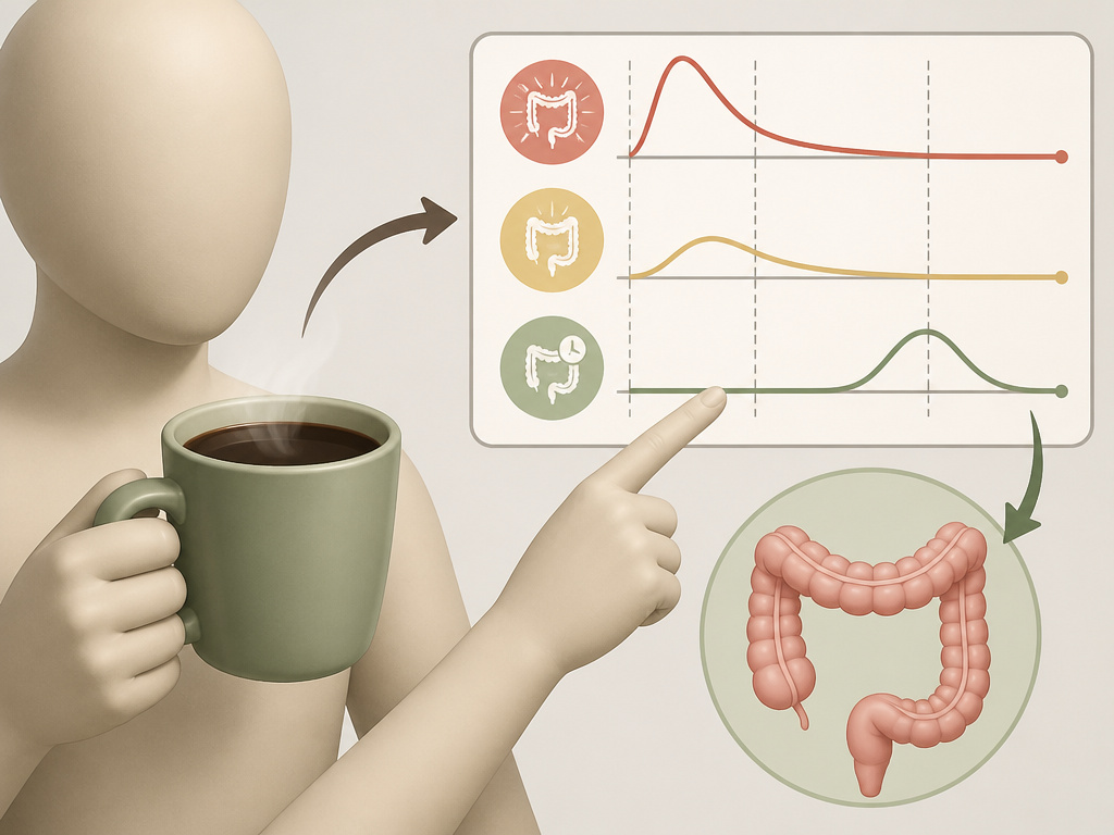 Cartoon diagram showing individual gut sensitivity to black coffee's laxative effect.