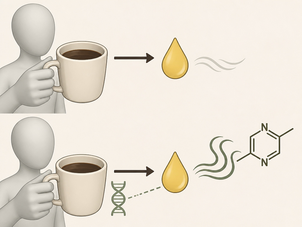 Genetic difference diagram showing why only some people smell coffee in their urine.