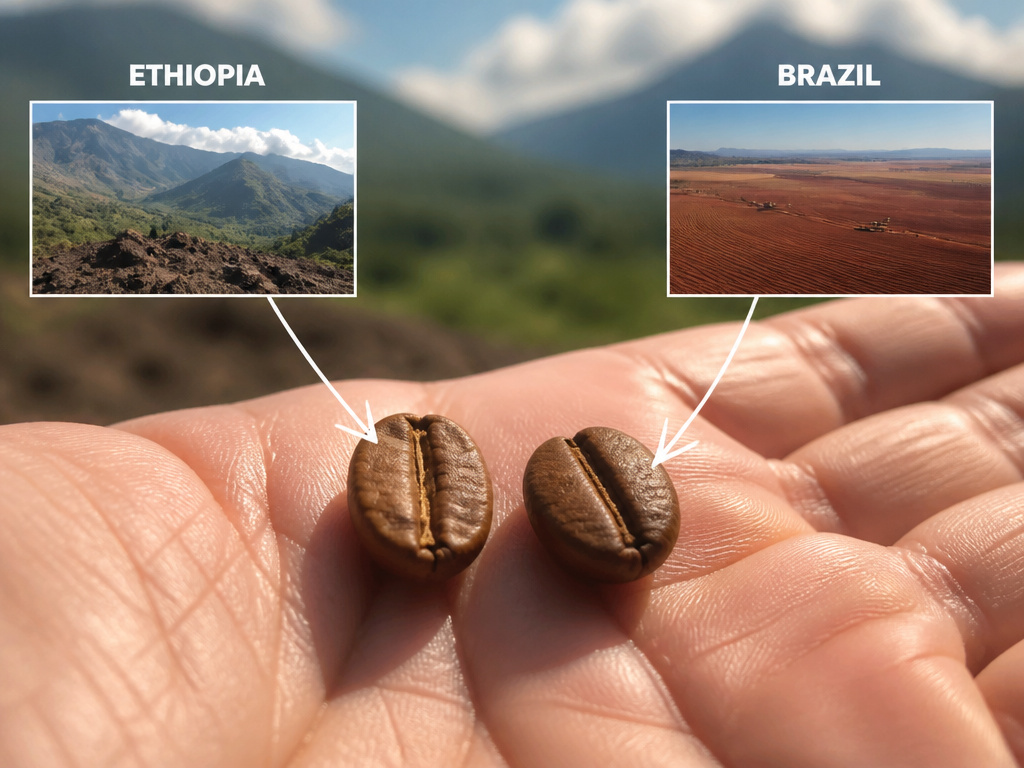 Comparison of Ethiopian and Brazilian arabica coffee beans and their origins.