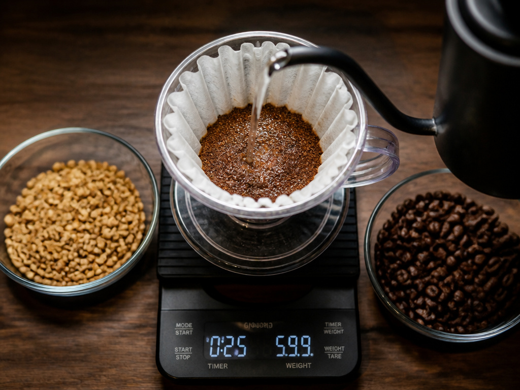 Light roast versus dark roast coffee beans measured for pour-over brewing.