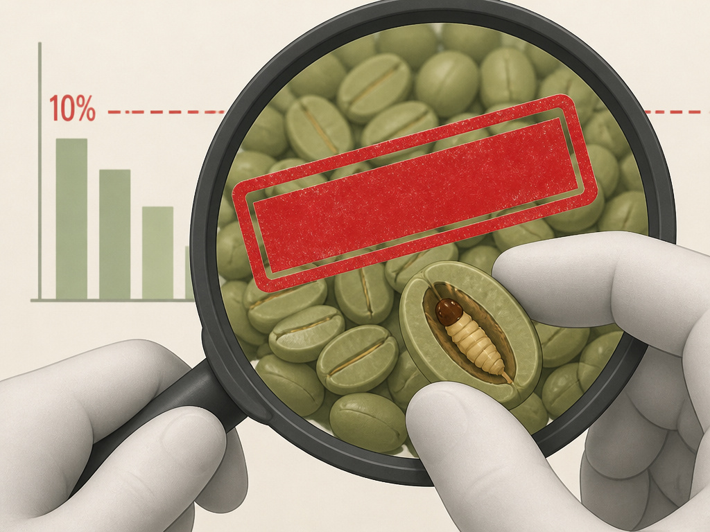 Cartoon explaining FDA defect action level for insects in green coffee beans.