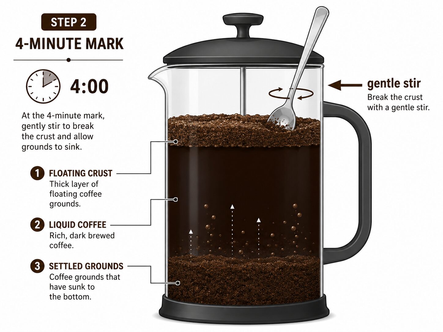 Cross-section diagram of French press coffee grounds being stirred to release gases.
