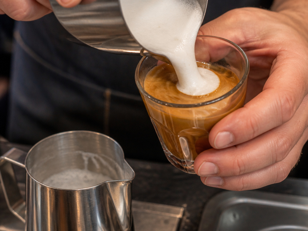 Close-up of creamy breve foam being poured into espresso, showing fat content.
