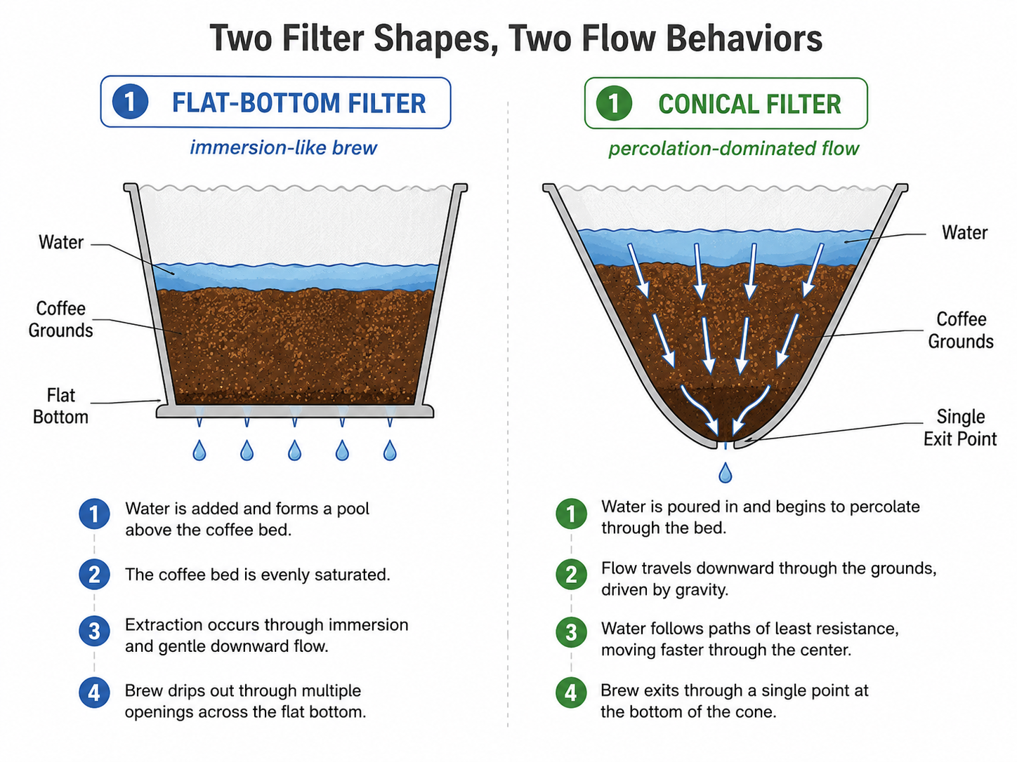 Diagram comparing flat-bottom versus conical coffee filter water flow