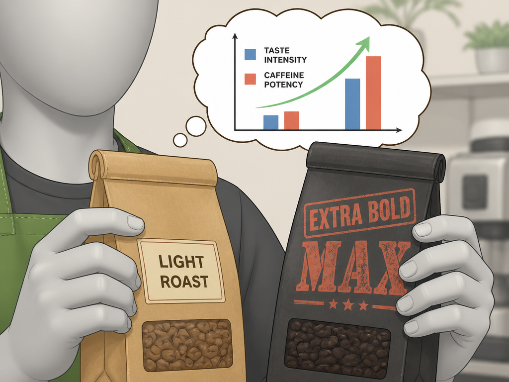 Dark roast coffee bag with bold marketing labels next to light roast beans.