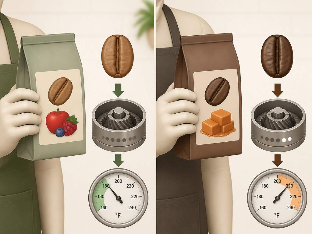 Diagram comparing light medium and dark medium roast coffee beans and brew settings.