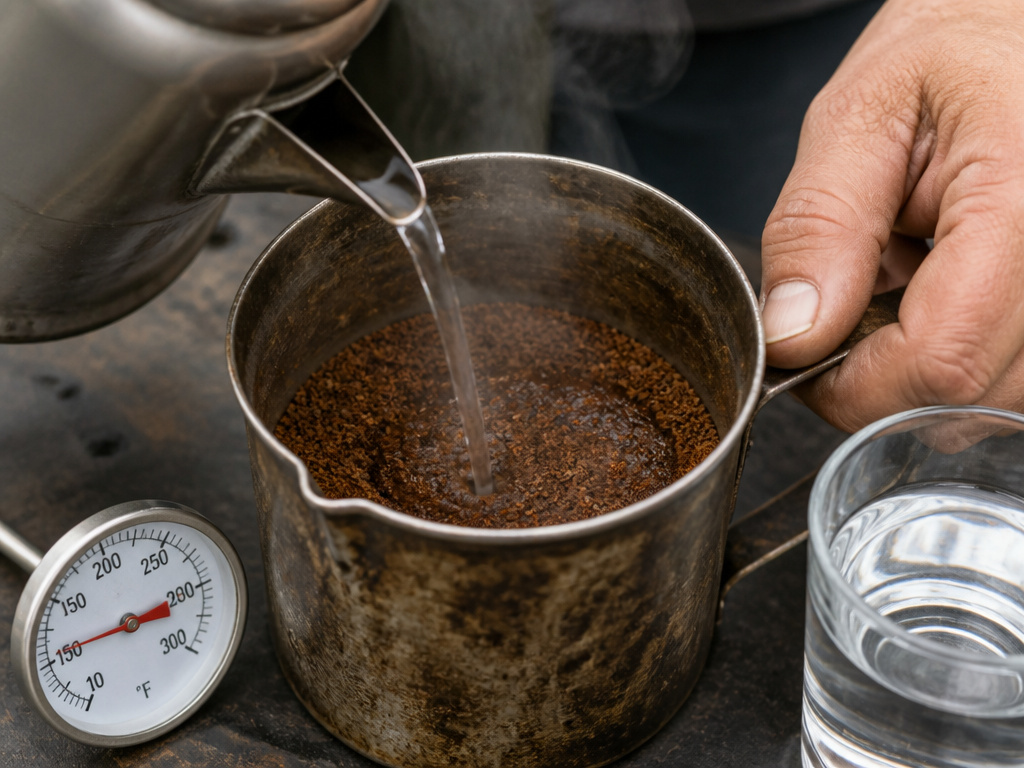 Close-up of pouring hot water into coffee grounds without a paper filter.