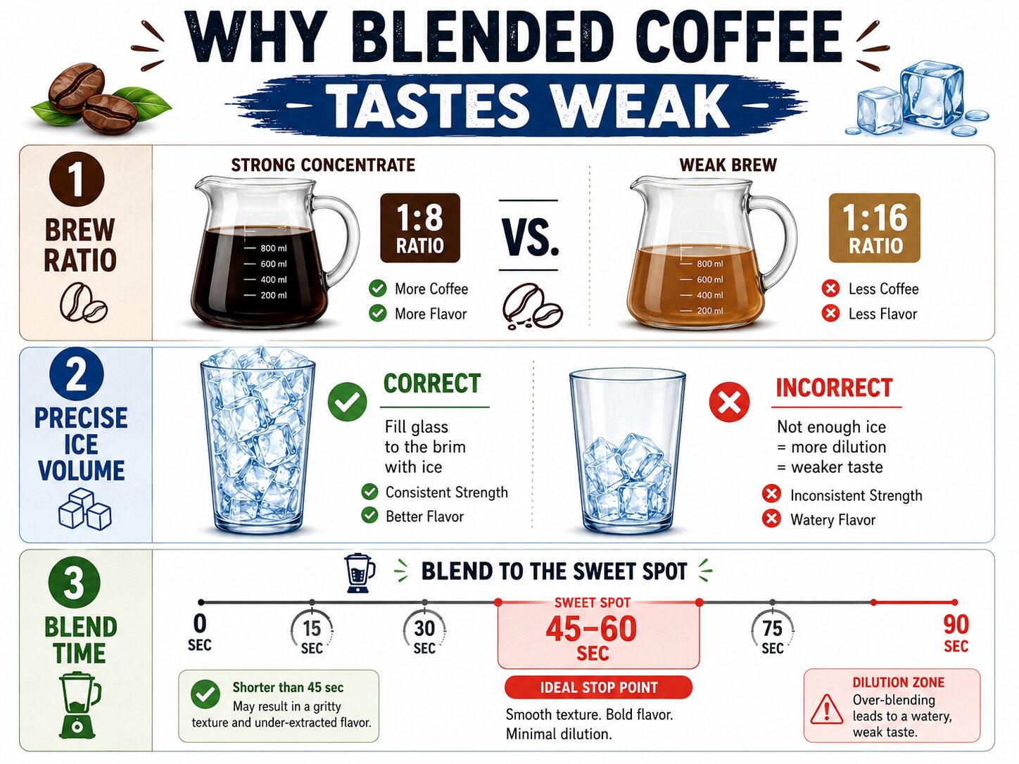 Infographic on three common mistakes that make blended coffee weak and watery.