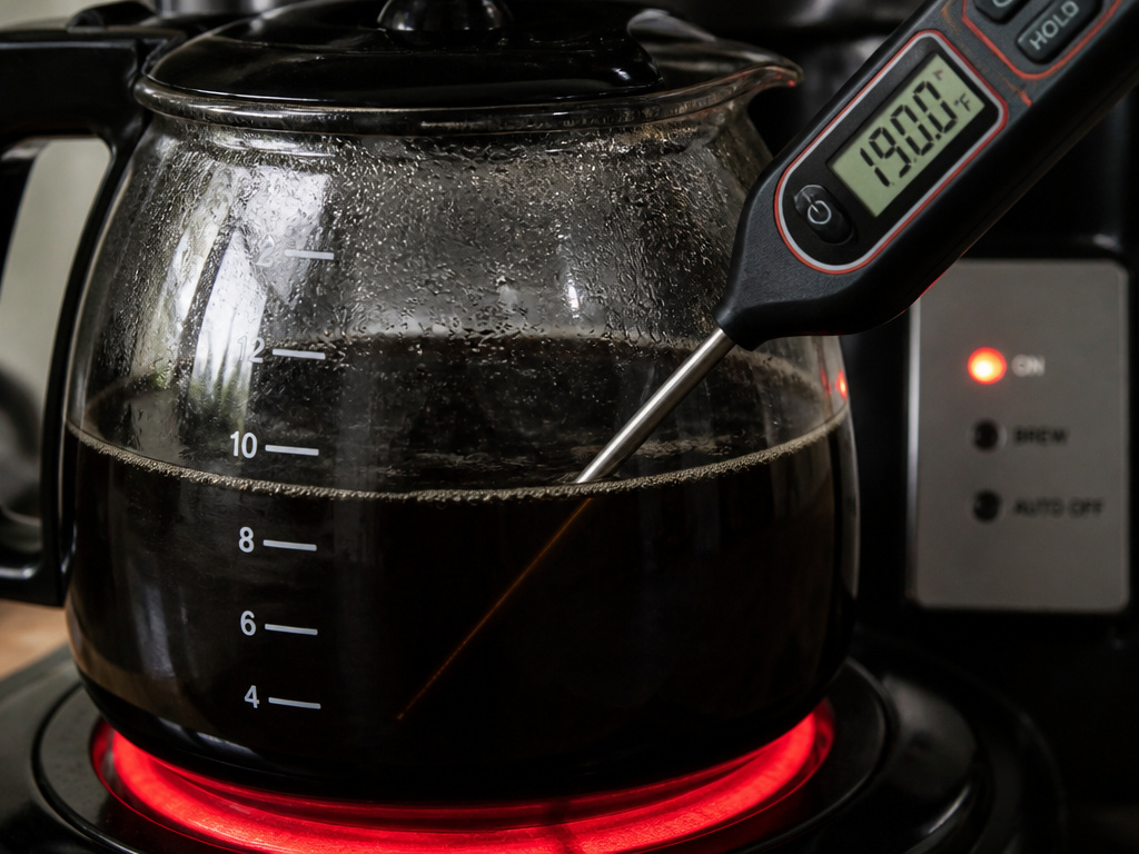 Digital thermometer showing dangerously hot coffee on a brewer's warming plate.