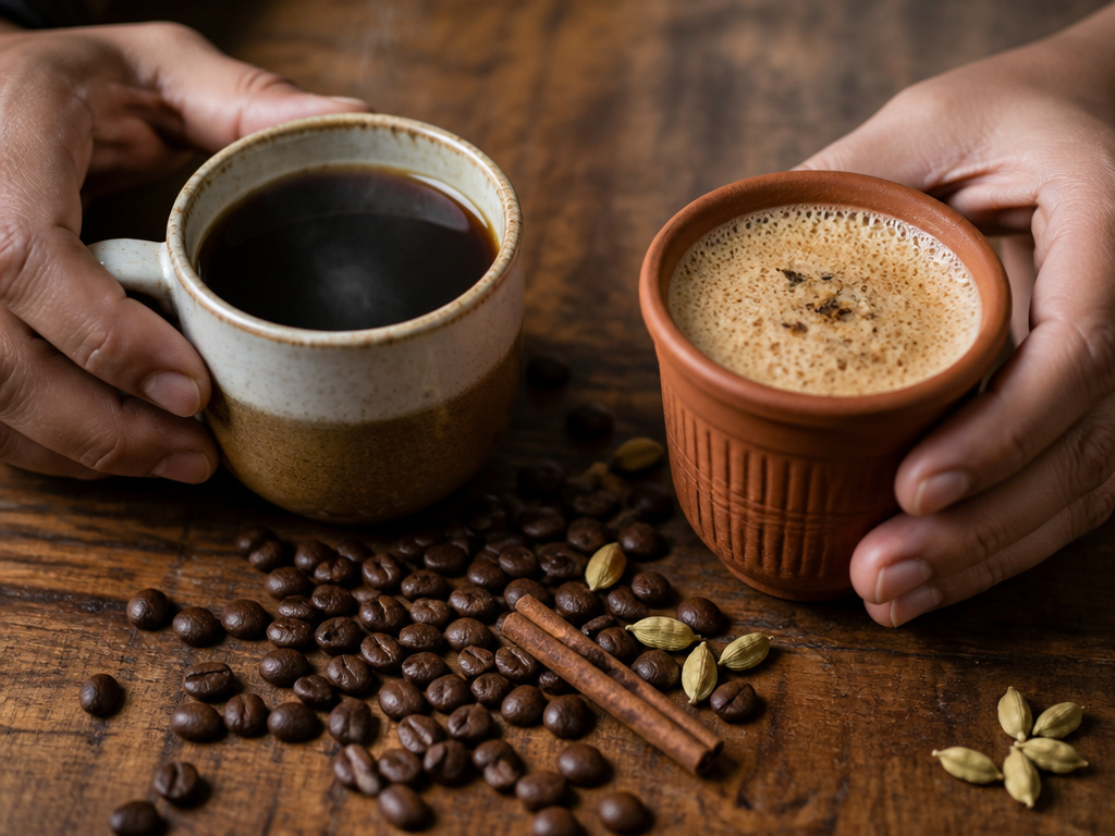 A comparison of coffee and chai tea in mugs with beans and spices