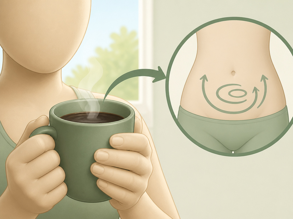 Close-up illustration of hot black coffee triggering digestive movement for constipation relief.