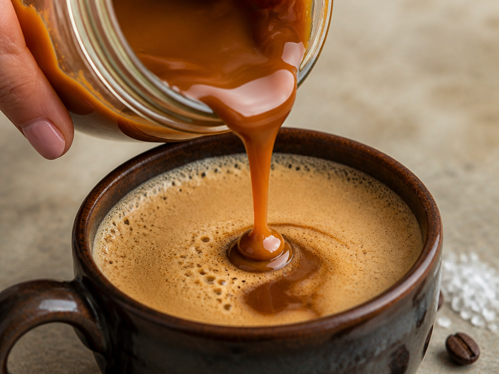 Pouring dulce de leche into a dark roast coffee with salt on the side.