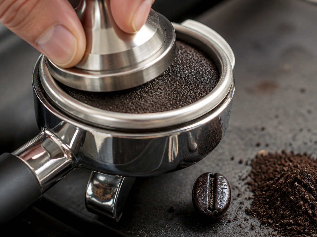 Close-up of oily dark roast coffee beans and a tamped espresso puck in a portafilter.