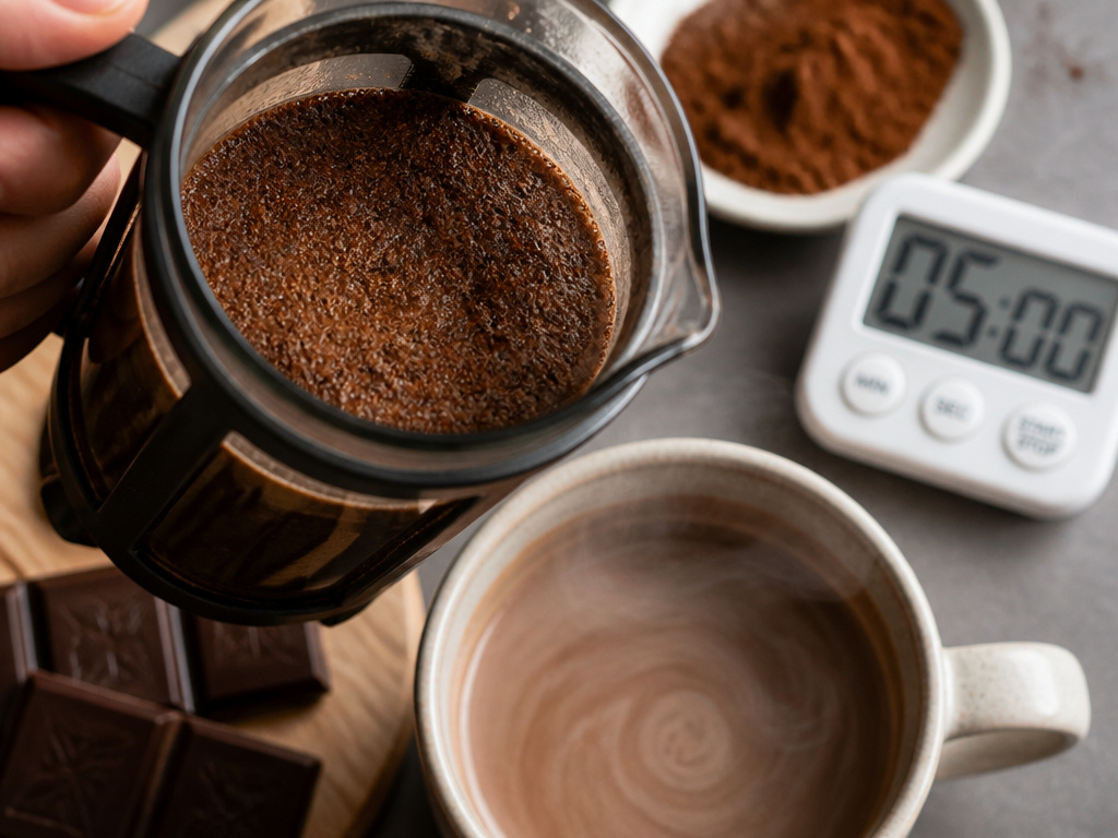 Close-up of a French press with finely ground coffee for high-altitude mocha preparation.