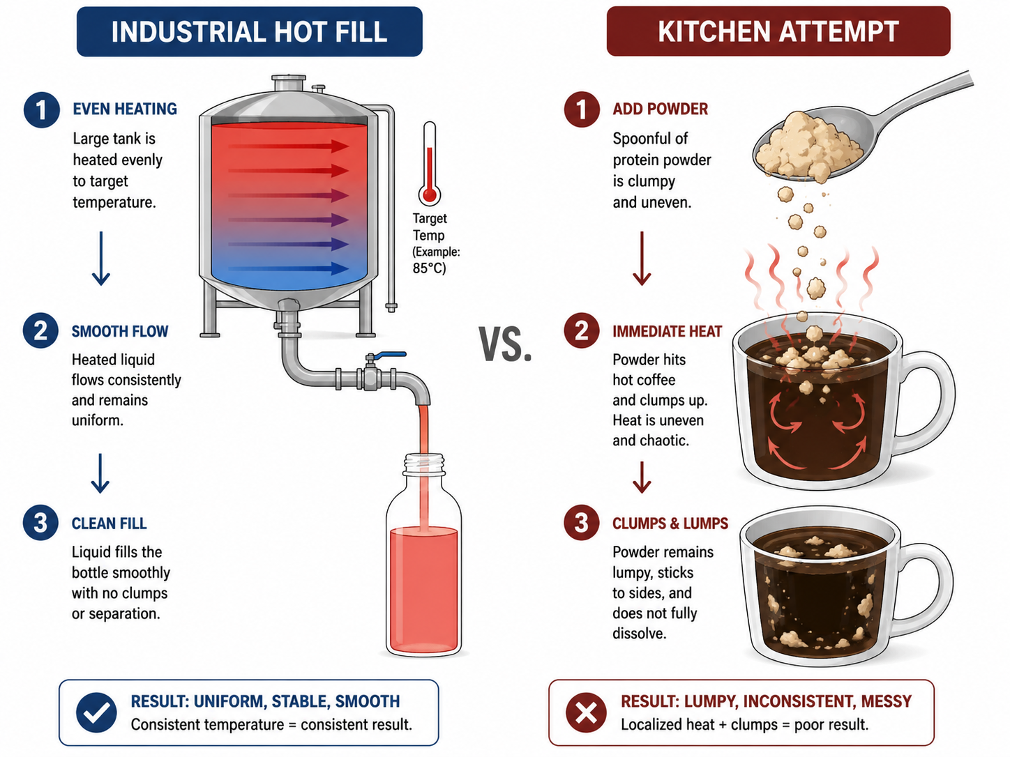 Diagram comparing industrial hot fill process to adding protein powder to hot coffee