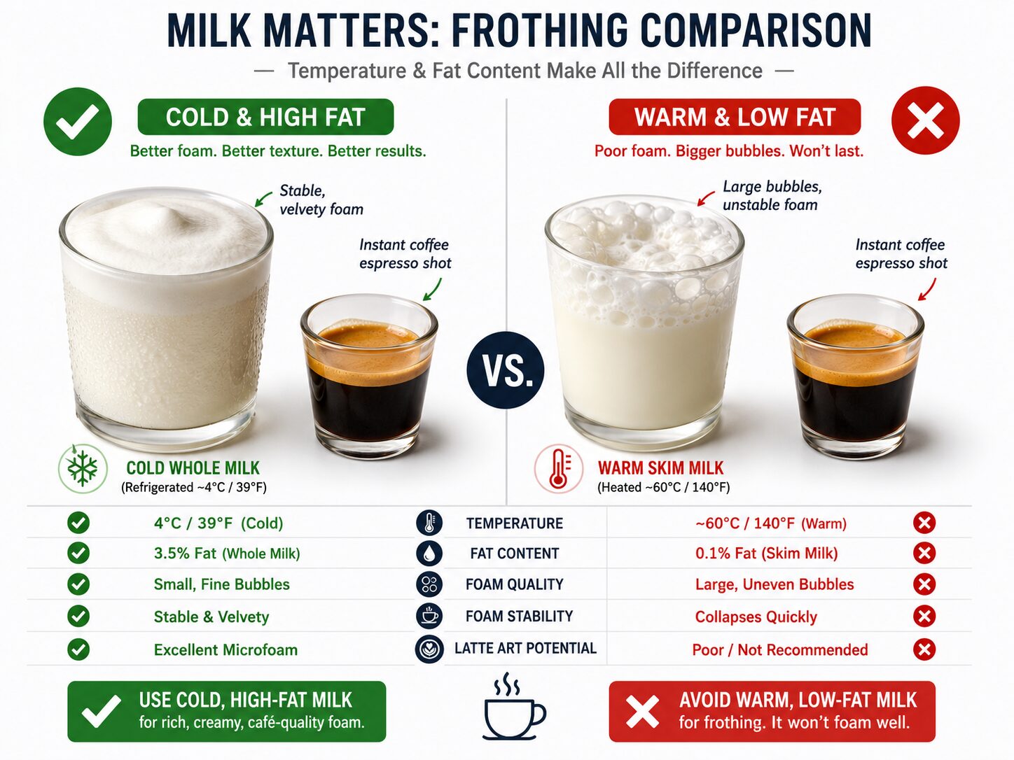Comparison of cold whole milk versus warm skim milk for frothing with instant espresso.