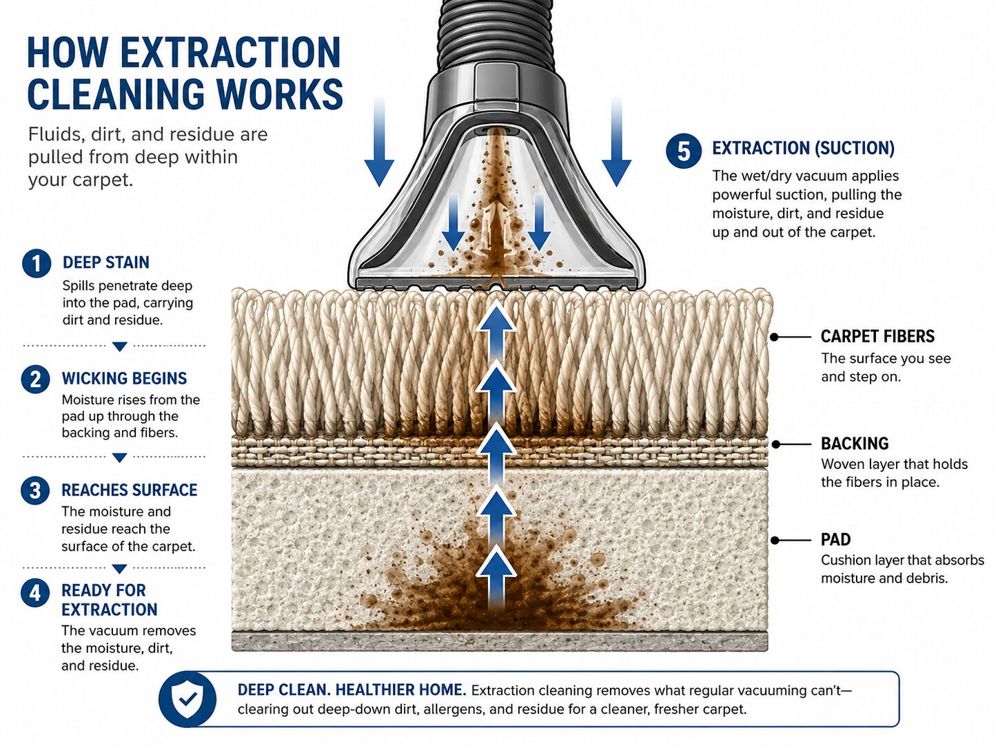 Diagram showing coffee stain wicking from carpet pad and extraction with a vacuum.