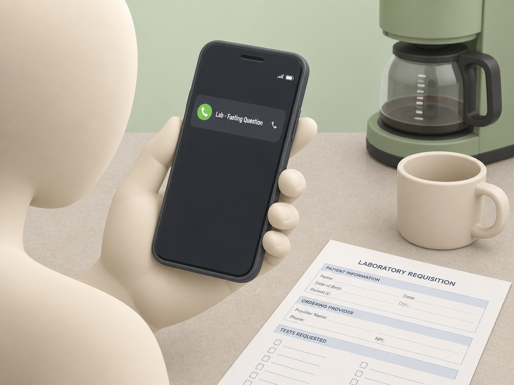 Person calling lab to ask about drinking black coffee before a blood test