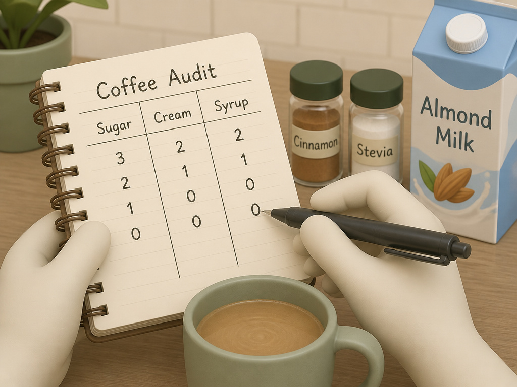 Cartoon of a coffee audit checklist and healthy swap items like cinnamon and almond milk.