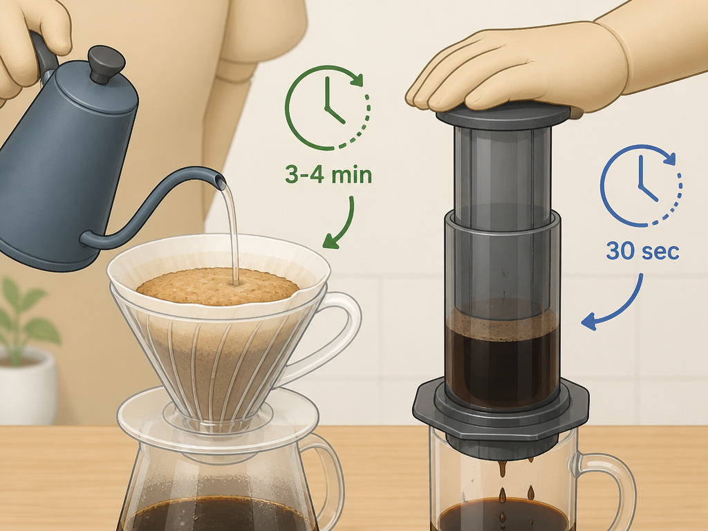 Cartoon comparing caffeine extraction in pour-over versus AeroPress brew methods.