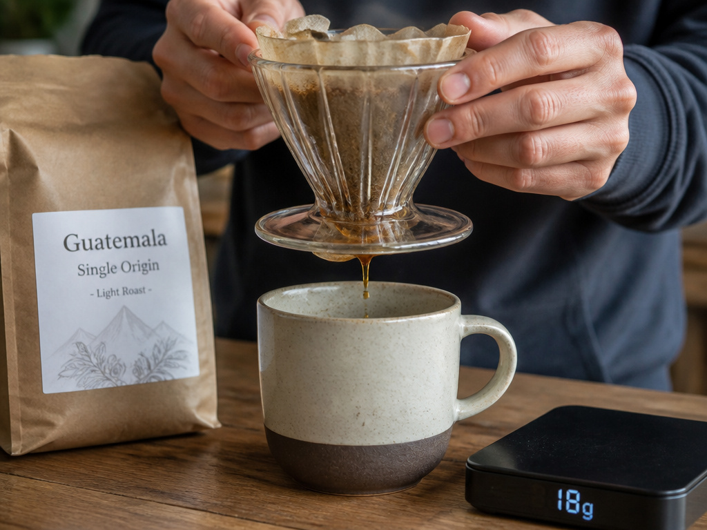 Close-up of brewing a light roast Guatemalan black coffee in a pour-over.