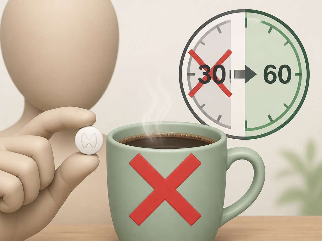 Thyroid medication and coffee with a 60-minute wait warning, not 30 minutes.