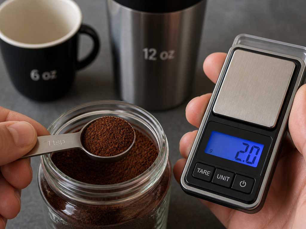 Level teaspoon of instant coffee on a scale measuring caffeine content.