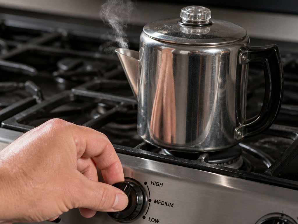 Hand adjusting stove dial for medium heat under a percolating coffee pot.